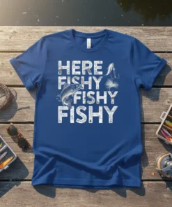 Here Fishy Fishy Fishy text with fish and fishing lure graphic on blue t-shirt