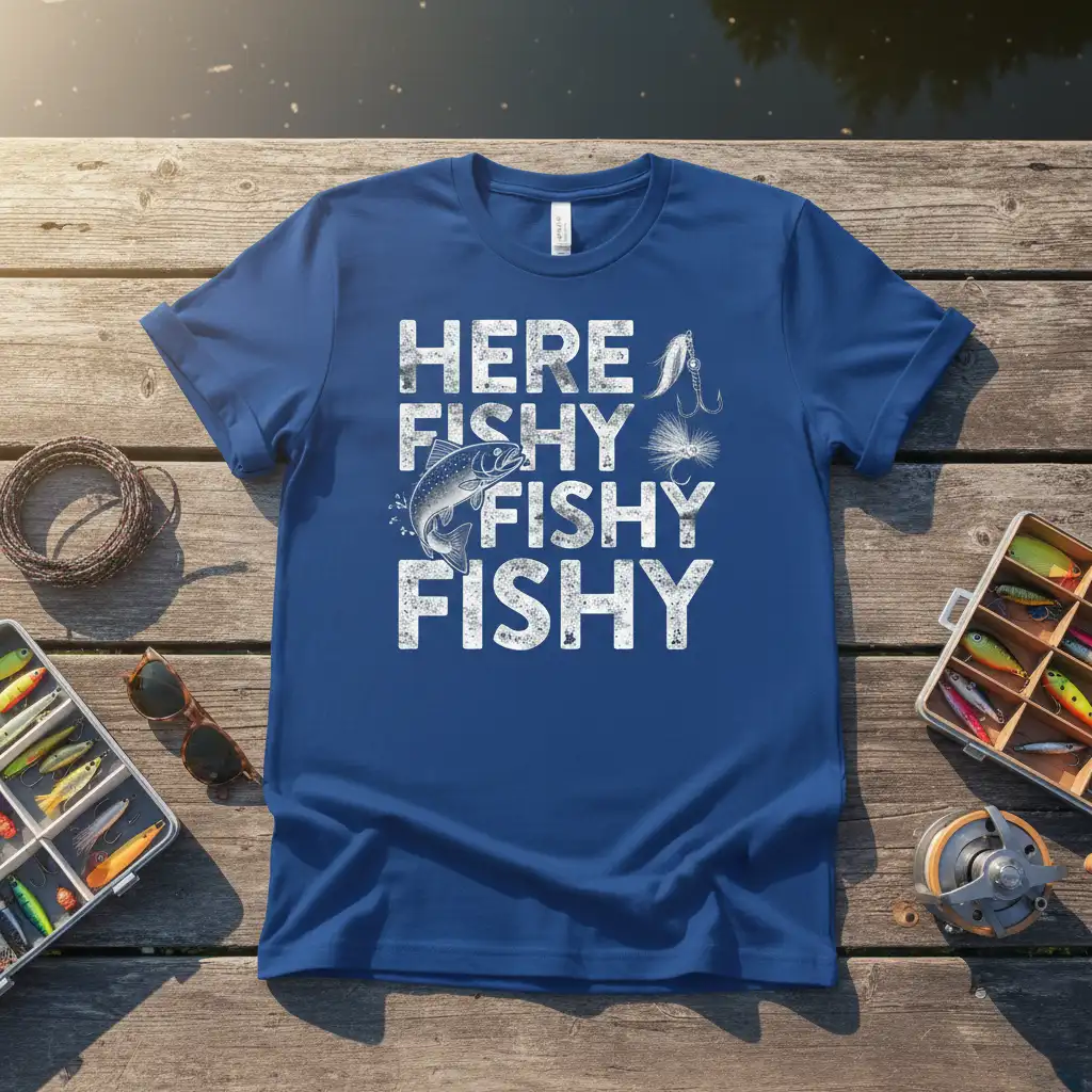 Here Fishy Fishy Fishy text design with fish and fishing lure graphics for anglers