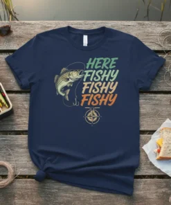 Navy t-shirt with "HERE FISHY FISHY FISHY" text and a fish graphic, styled with fishing gear