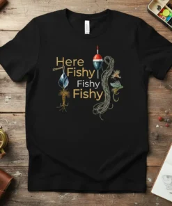 Black t-shirt with gold text "Here Fishy Fishy Fishy" and watercolor fishing lures and bobber graphic