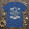 Here Fishy Fishy Fishy angler t-shirt with a detailed cartoon fish graphic and anchor icon