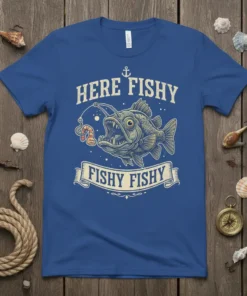 Here Fishy Fishy Fishy angler t-shirt with a detailed cartoon fish graphic and anchor icon