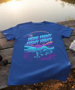 Blue t-shirt with "HERE FISHY FISHY FISHY" in neon colors, fishing rod, and fish graphics