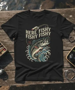 Here Fishy Fishy Fishy Fishy bass fishing t-shirt design with a leaping bass and fishing lure graphic