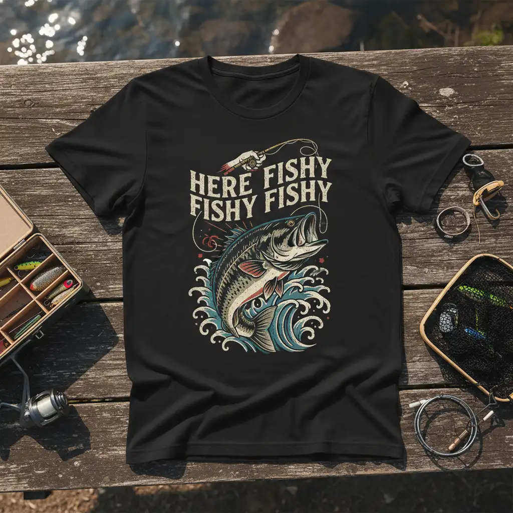 Here Fishy Fishy Fishy Fishy quote and leaping bass graphic on a fishing t-shirt