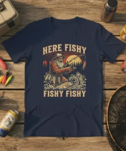 T-shirt with vintage style graphic of a bearded fisherman reeling in a fish, text "HERE FISHY FISHY FISHY FISHY" above