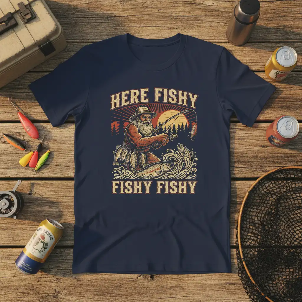 Here Fishy Fishy Fishy Fishy humorous fishing quote on a vintage graphic t-shirt design