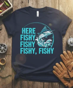 HERE FISHY, FISHY, FISHY, FISHY, FISHY creative graphic design printed on comfortable cotton t-shirt