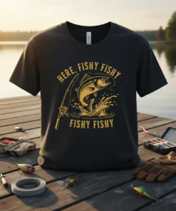Here, Fishy Fishy Fishy Fishy text with jumping fish and fishing rod graphic on a black t-shirt
