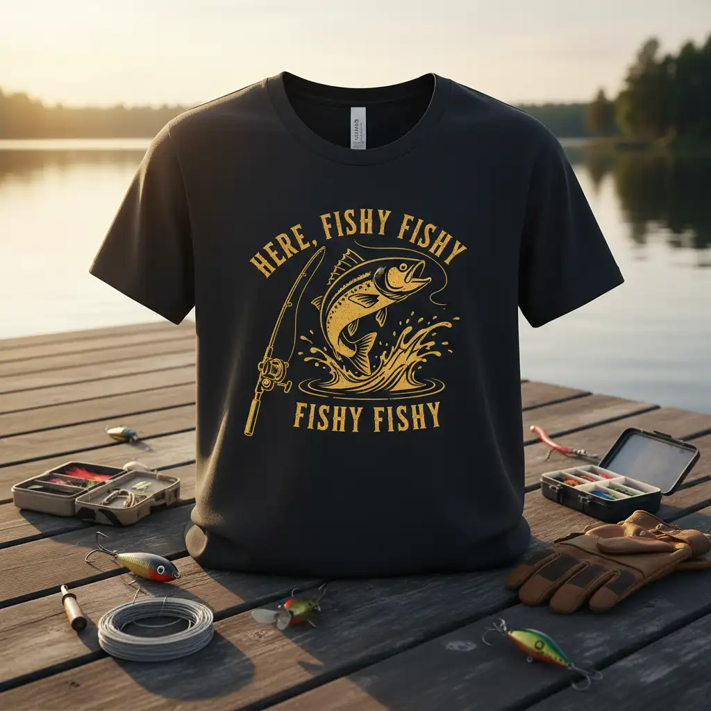 Here, Fishy Fishy Fishy Fishy fishing humor t-shirt with jumping fish and rod graphic