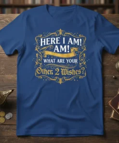 T-shirt with the text "HERE I AM! AM! WHAT ARE YOUR Other 2 Wishes?" in decorative gold and white font