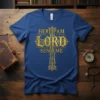 Christian t-shirt with gold ornate cross graphic and text "HERE I AM LORD SEND ME"