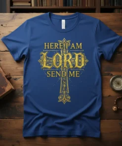 Christian t-shirt with gold ornate cross graphic and text "HERE I AM LORD SEND ME"