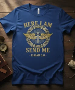Blue t-shirt with gold text "HERE I AM SEND ME ISAIAH 6:8" and a cross with wings design