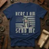 Christian t-shirt with "HERE I AM SEND ME Isaiah 6:8" text, featuring a knight kneeling on an American flag