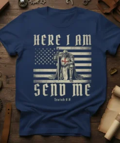 Christian t-shirt with "HERE I AM SEND ME Isaiah 6:8" text, featuring a knight kneeling on an American flag