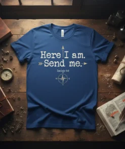 Christian t-shirt with "Here I am. Send me. Isaiah 6:8" text and compass graphic