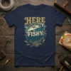 Here Shy Fishy Fishy Fishy fishing t-shirt design with a leaping fish, fishing rod, and lures