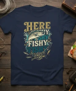 Here Shy Fishy Fishy Fishy fishing t-shirt design with a leaping fish, fishing rod, and lures