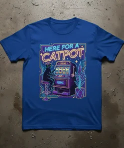 Here For A Catpot text with a cat playing a casino slot machine, neon lights, and retro design