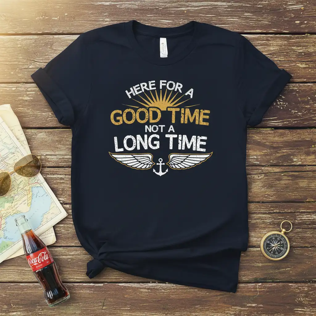 Here For A Good Time Not A Long Time quote design with wings and anchor symbol