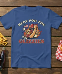 Blue t-shirt with "Here For The Glizzies" text and a cartoon hot dog character holding an American flag, surrounded by