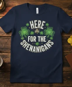 Navy blue t-shirt with "HERE FOR THE SHENANIGANS" text and shamrock graphics for St. Patrick's Day
