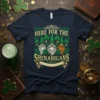 Here For The Shenanigans St. Patrick's Day t-shirt design with three cute gnomes holding shamrocks