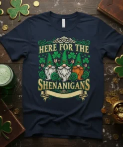 Here For The Shenanigans St. Patrick's Day t-shirt design with three cute gnomes holding shamrocks
