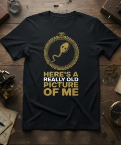 Black t-shirt with gold text "Here's A Really Old Picture Of Me" and a cartoon sperm graphic inside a pocket