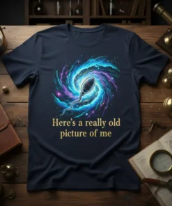 Navy blue t-shirt with "Here's a really old picture of me" text and a sperm graphic in a colorful galaxy