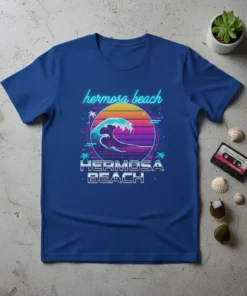 Hermosa Beach Retro Wave T-Shirt with neon text, sunset, and ocean wave graphic. California beach town design