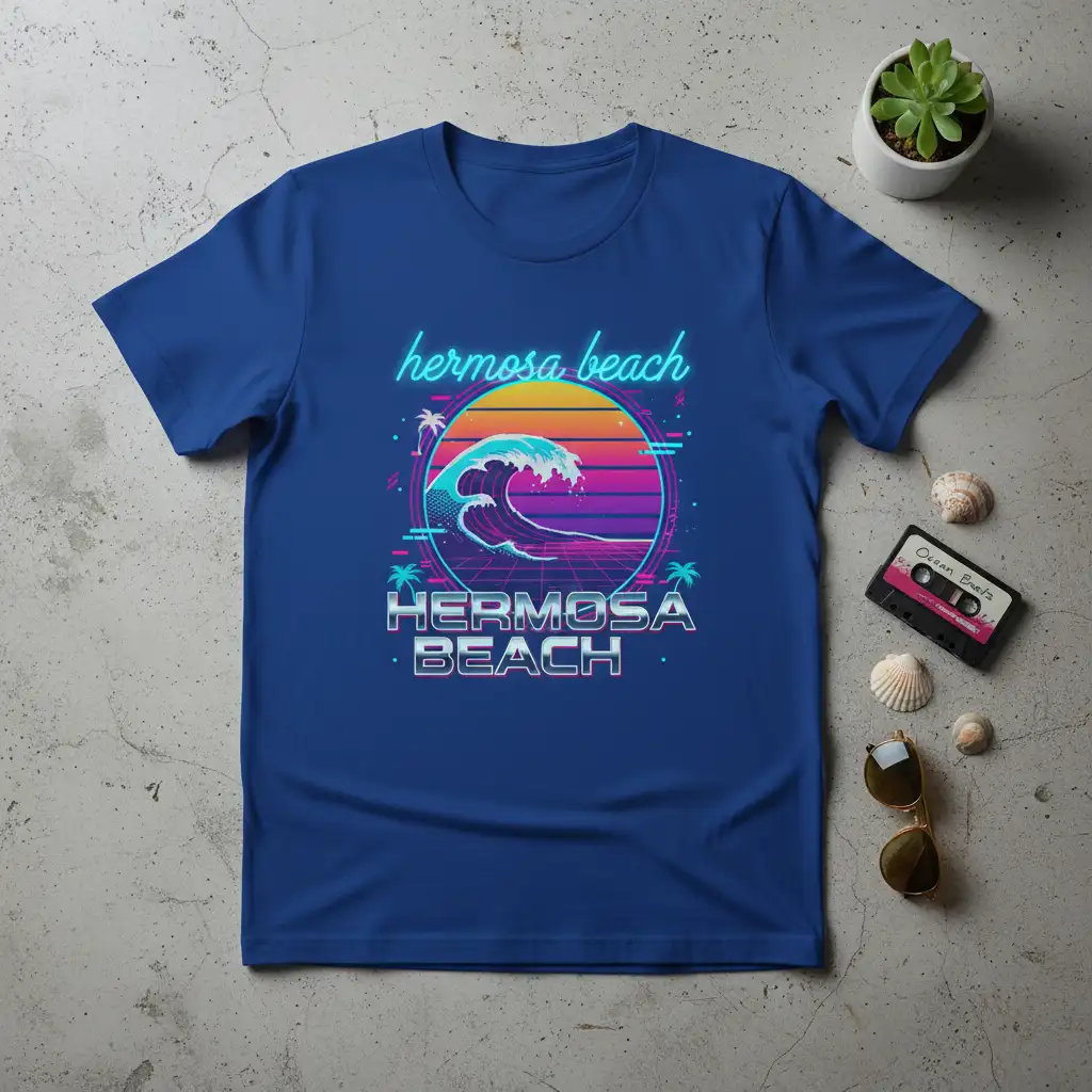 Hermosa Beach Retro Wave T-Shirt featuring neon text, a vibrant sunset, and a stylized ocean wave graphic