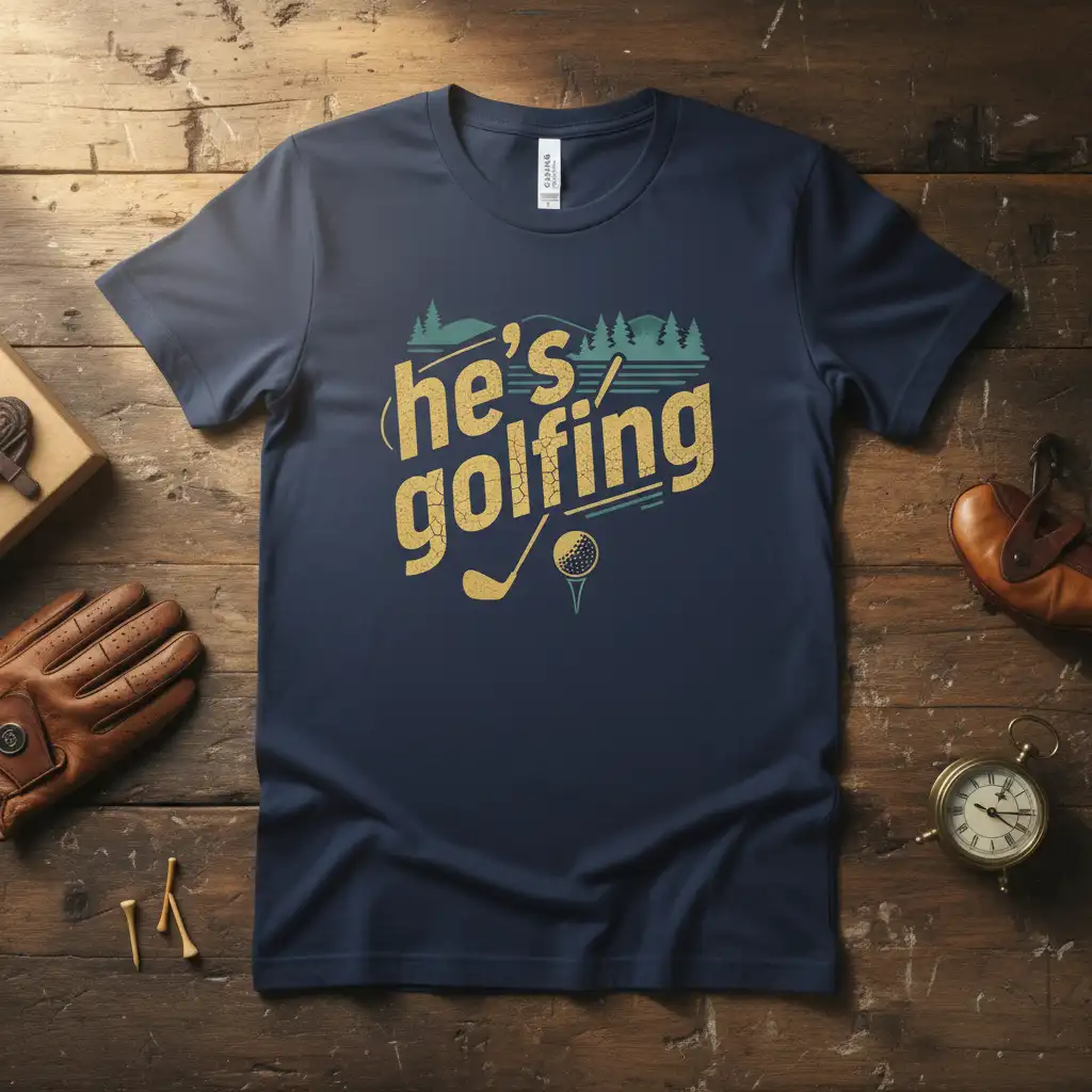 He's golfing text and graphic tee with distressed font, golf club, ball, and scenic background