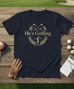He's Golfing t-shirt design with crossed golf clubs and a golfer graphic in a laurel wreath