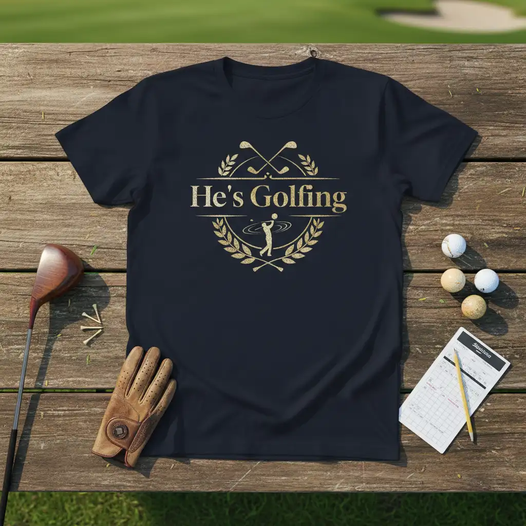He's Golfing quote t-shirt with crossed clubs and golfer silhouette graphic