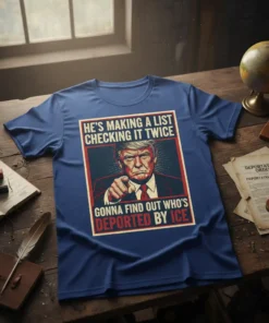 Political t-shirt design featuring Donald Trump pointing and text "He's Making A List Checking It Twice Gonna Find Out Who's