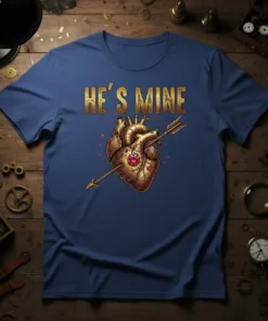 He's Mine text above a steampunk mechanical heart with an arrow through it on a navy blue t-shirt