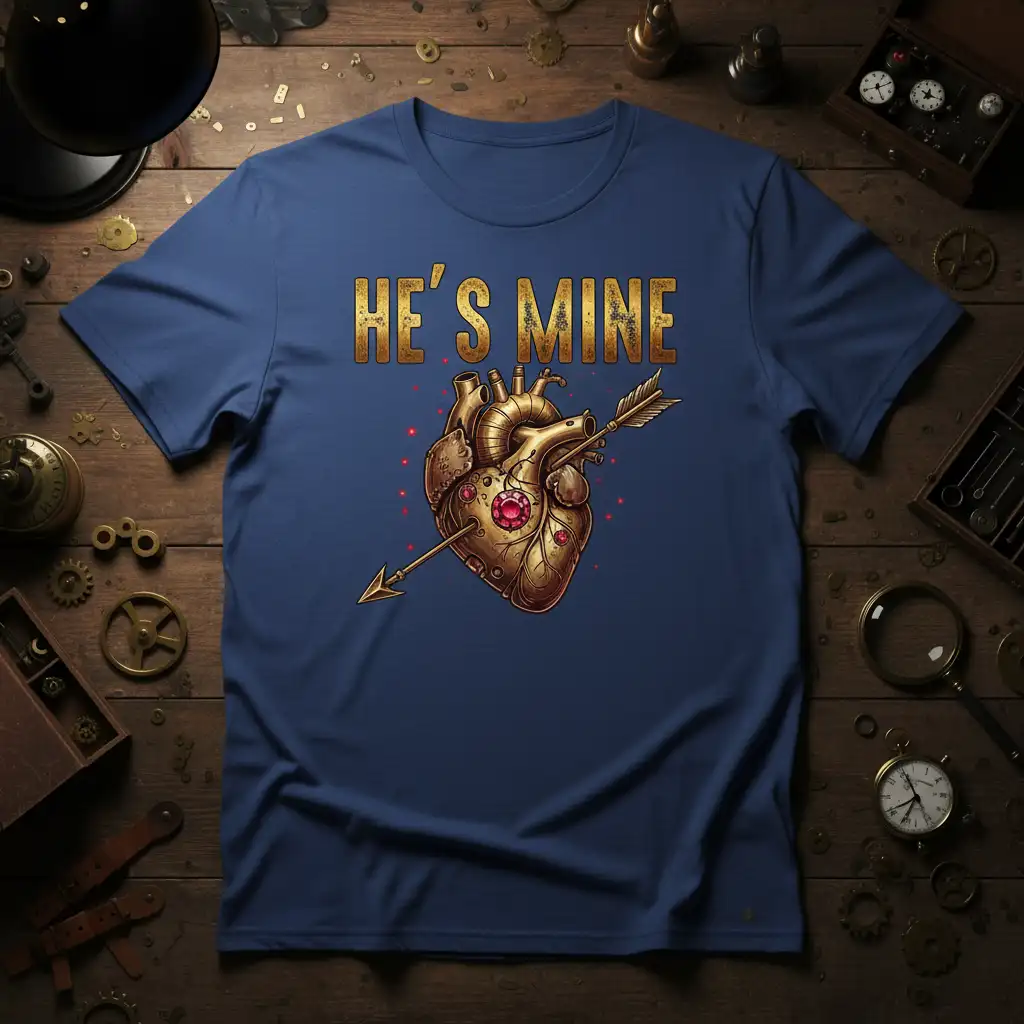 He's Mine text above steampunk mechanical heart with arrow on t-shirt