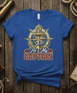 He's My CAPTAIN text with anchor and compass graphic on a blue t-shirt