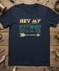 He's My Lure fishing couple t-shirt design with arrow graphic