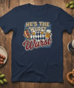 He's The Wurst Wurst t-shirt design featuring cartoon hot dog and beer characters holding mugs of beer, with vintage distressed