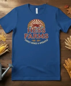 Hess Farms Family Owned & Operated T-Shirt with vintage tractor and wheat stalks graphic