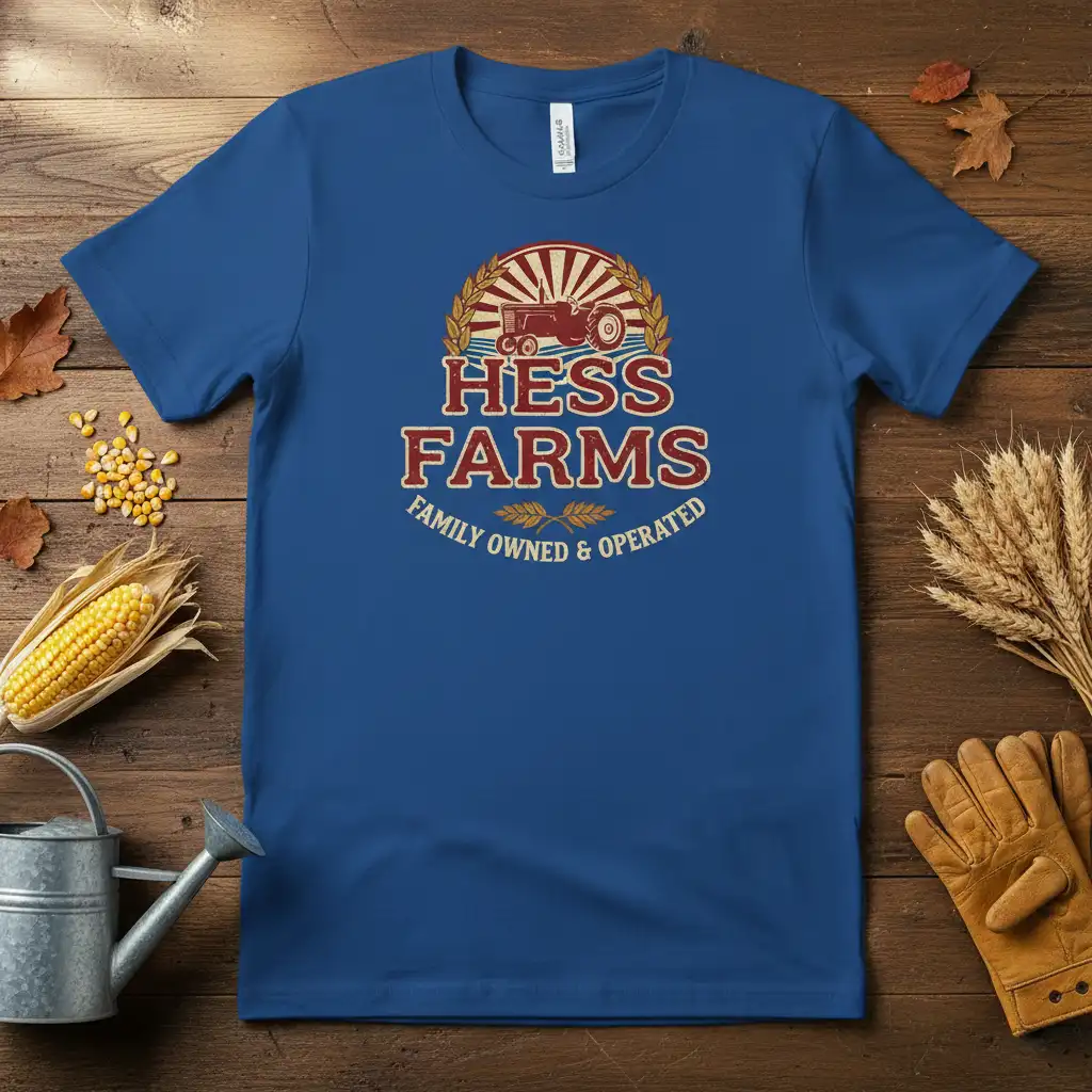Hess Farms Family Owned & Operated vintage tractor design on a blue t-shirt