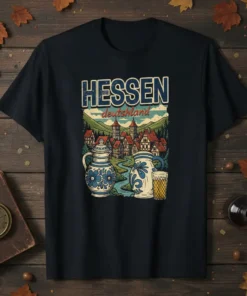 Vintage graphic t-shirt featuring "Hessen Deutschland" text above a scenic village, traditional jugs, and a glass of drink