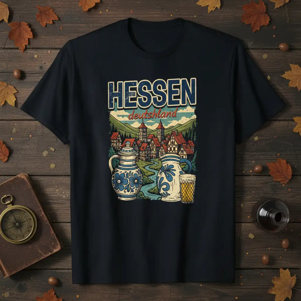 Hessen Deutschland vintage village scene with traditional German architecture and decorative jugs graphic tee