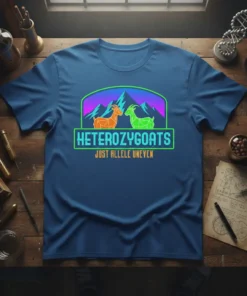Heterozygoats Just Allele Uneven t-shirt with two colorful goats and mountain backdrop, science pun design