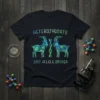 Black t-shirt with "HETEROZYGOATS JUST ALLELE UNEVEN" text and geometric goats with DNA strand design