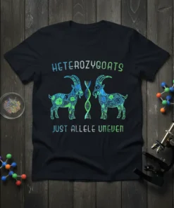 Black t-shirt with "HETEROZYGOATS JUST ALLELE UNEVEN" text and geometric goats with DNA strand design