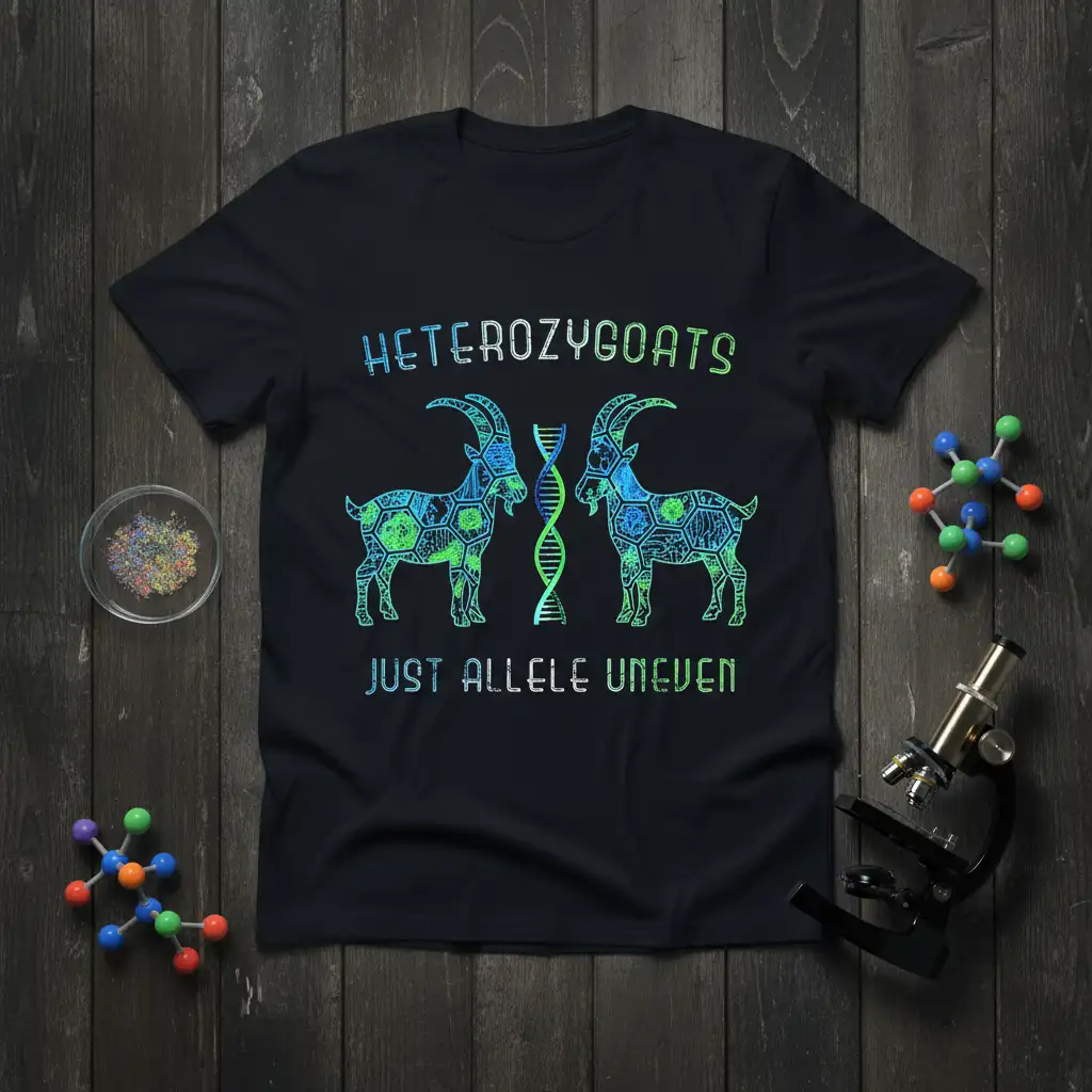 HETEROZYGOATS JUST ALLELE UNEVEN science pun design with geometric goats and DNA helix